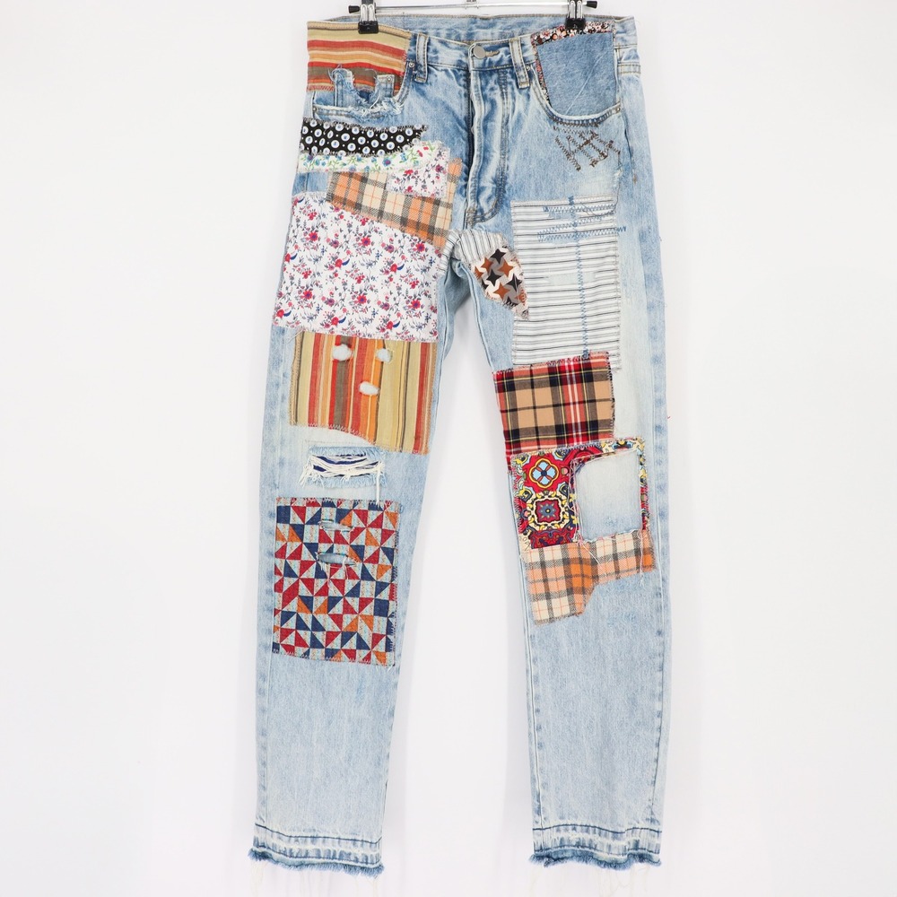 MNML Light Wash Straight Leg Jeans with Multicolor Patchwork